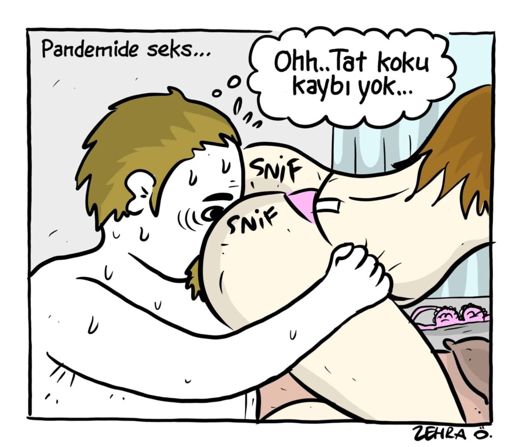 A cartoon by Zehra Ömeroğlu that has been found obscene by censors in Türkiye.